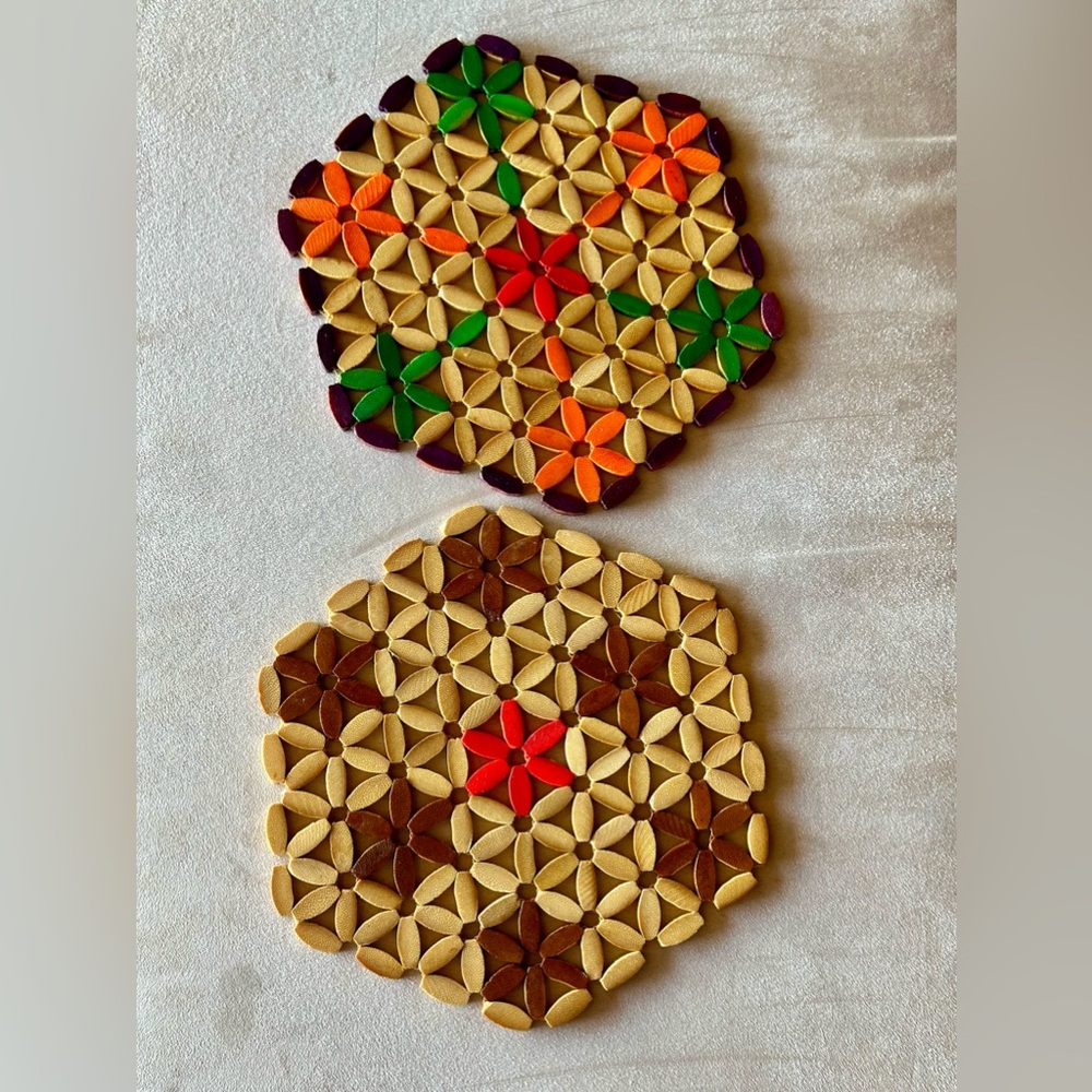 Pair of Vintage Boho Bamboo Wood Bead Trivet Hot Pads. Boho Wall Hangings. EUC